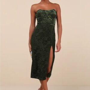 Lulus Dark Green Velvet Burnout Strapless Midi Dress